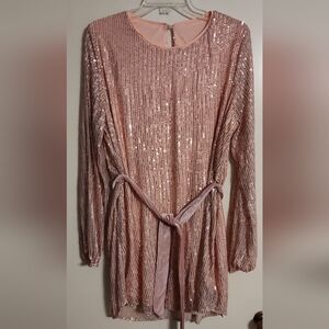 CUPSHE Women's Scoop Neck Long Sleeve Self Tied Belt Sequin Mini Party Dress